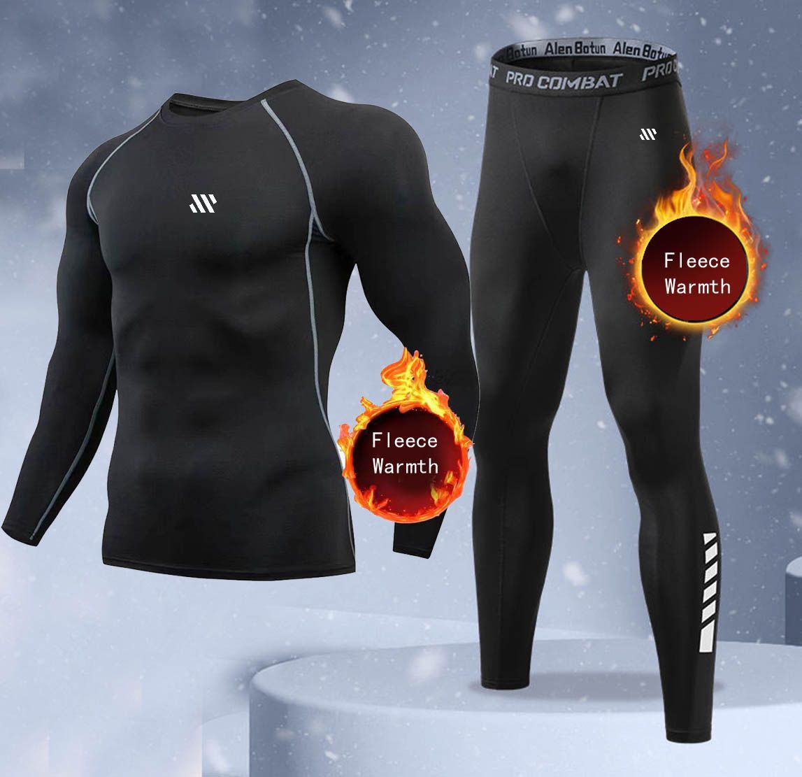 Thermal Long John - 新作2ピース冬用保温メンズ下着セット フリースサーマルアンダーシャツ ロングジョンズ コンプレッションタイツ フィットネススポーツトラックスーツセット