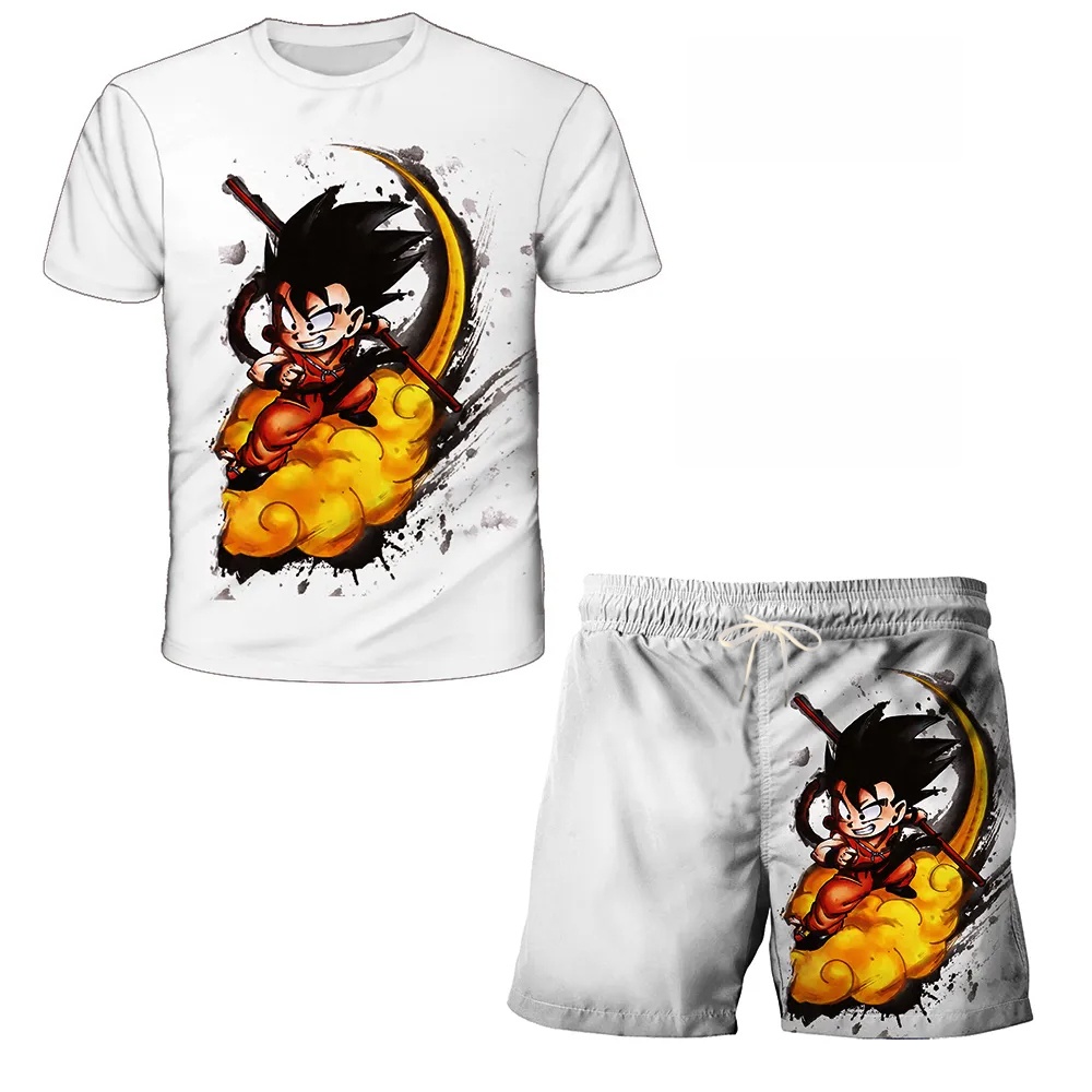T Shirt Tight Fit - 2026年夏 ドラゴンボール キッド悟空 雲柄プリント Tシャツ＆ショーツセット メンズ