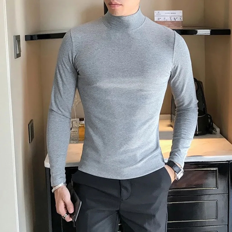 T Shirt Tight Fit - 2025秋冬メンズハイネックTシャツスリムフィットファッション高弾性長袖カジュアル通気性アパレルプルオーバー